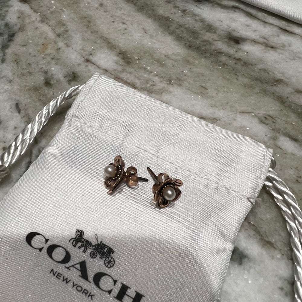 Coach Floral Gold and Pearl Stud Earrings
